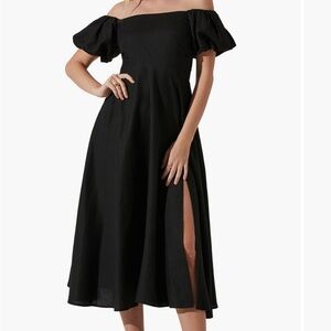 Astr Black Off-Shoulder Midi Dress with Puff Sleeves